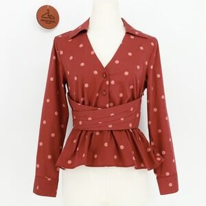 Hutch Long Sleeve Wrap Front Peplum Blouse Polka Dot Smocked Back Small Petite